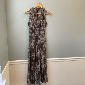 Gillian 100% Silk Tan Brown Floral Sleeveless A-line Halter Midi Dress Size 2
